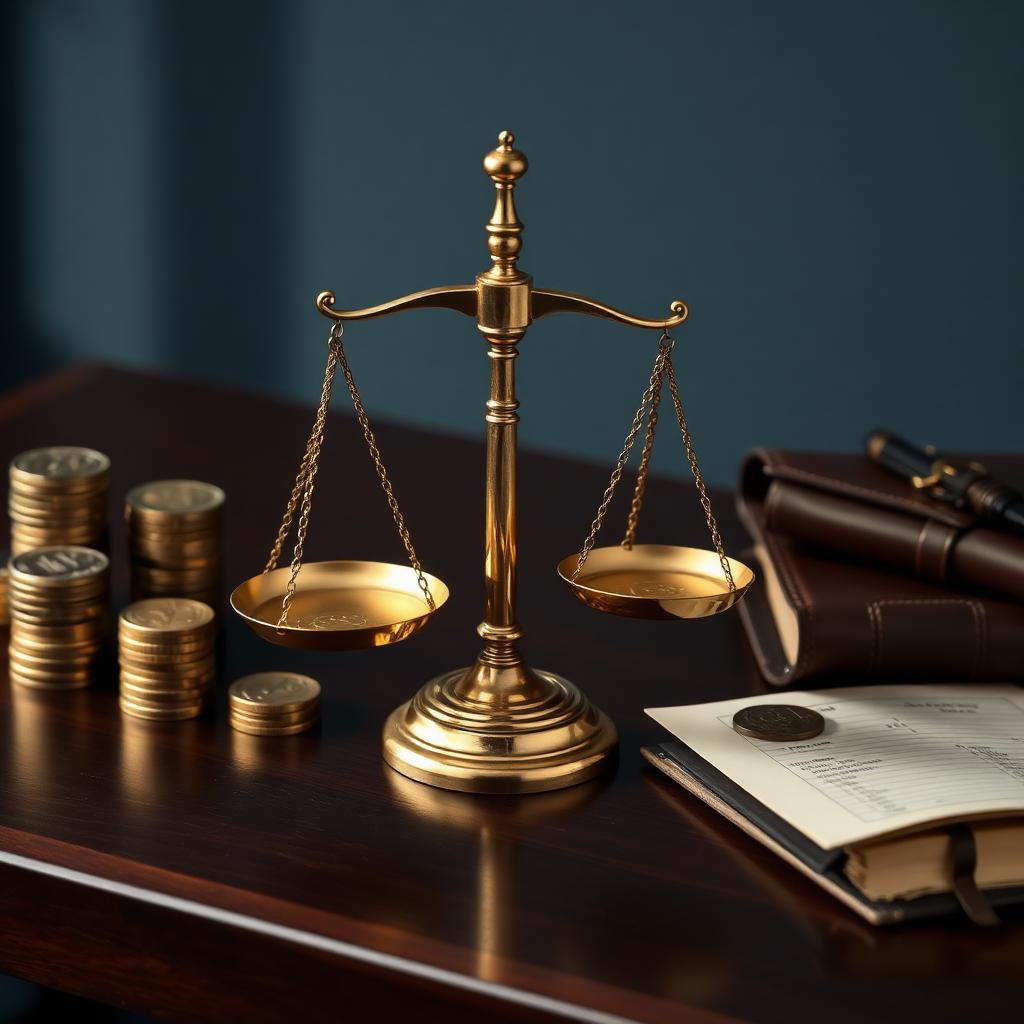 Brass balance scale on a dark walnut desk with coin stacks and a leather ledger
