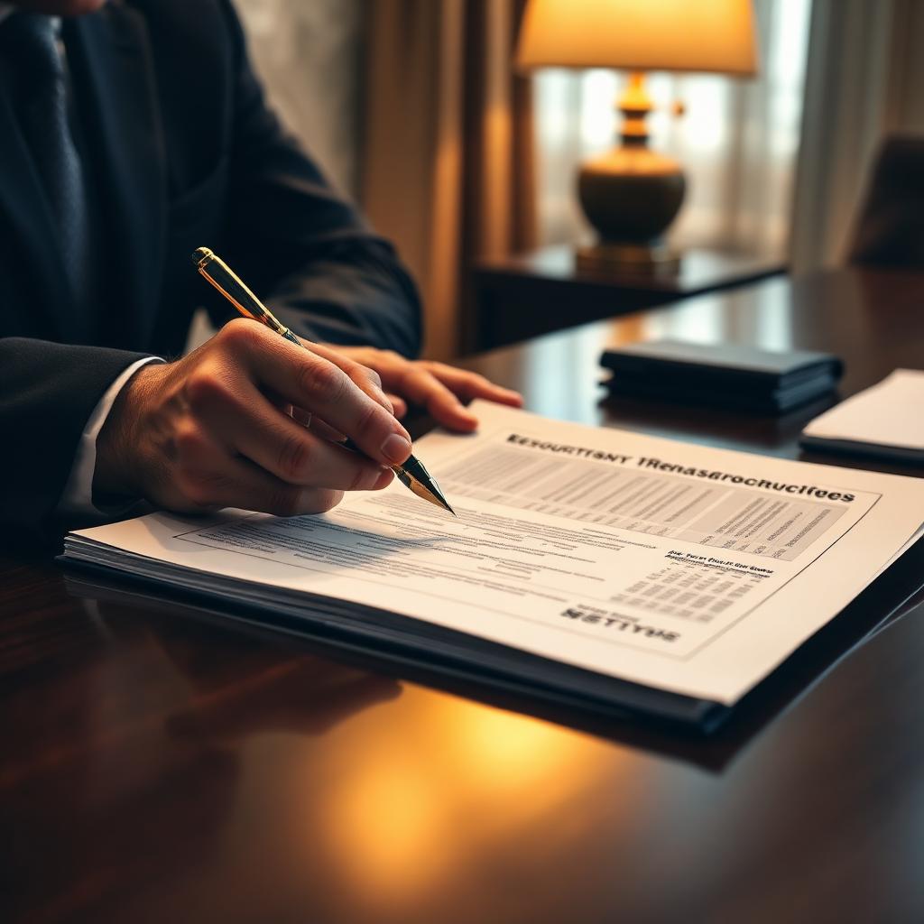 Executive reviewing a printed restructuring document with a fountain pen under warm lamp light