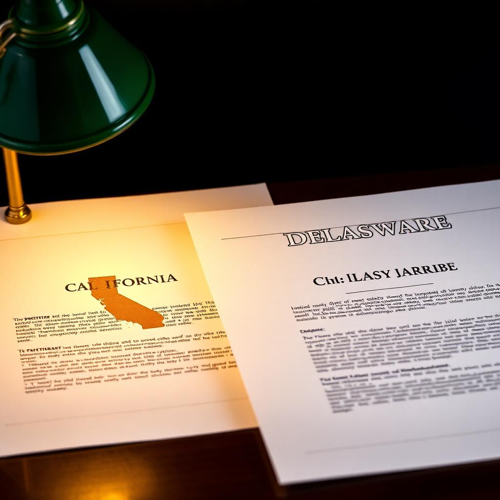 Two legal documents side by side on a dark wood desk lit by a green banker's lamp