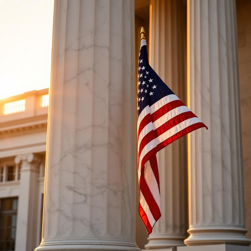 Marble courthouse column with an American flag at golden hour