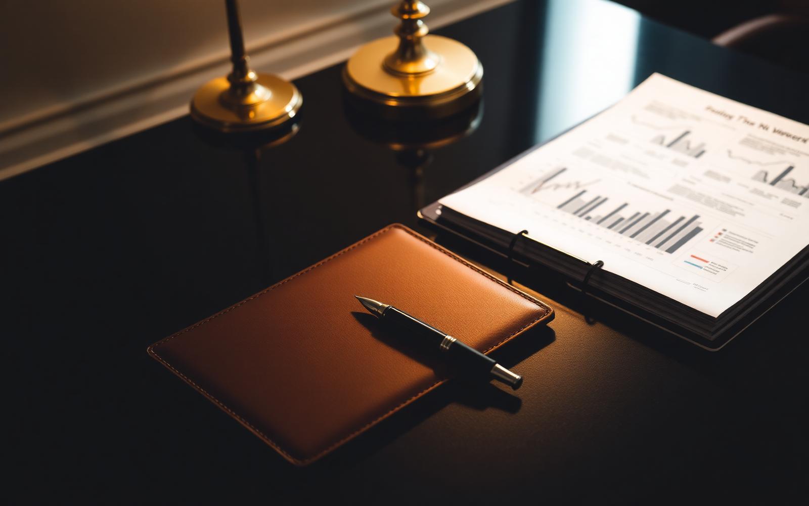 Boardroom desk with a leather portfolio, pen, and printed financial report under warm lamp light