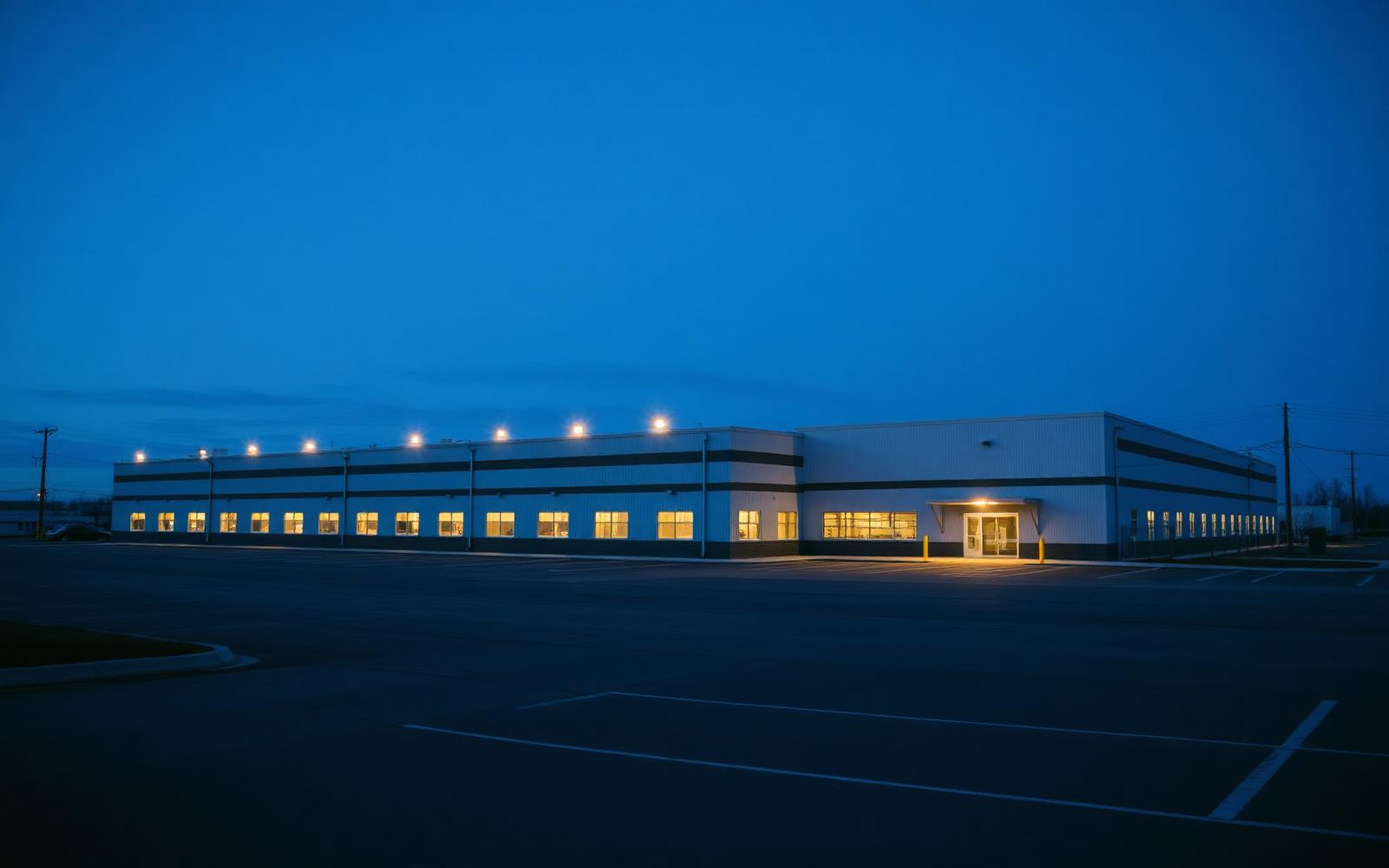 Mid-sized American manufacturing facility at dusk with warm interior lights and cool blue sky