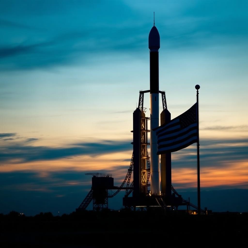Rocket on a launch pad at blue hour with an American flag catching the last light