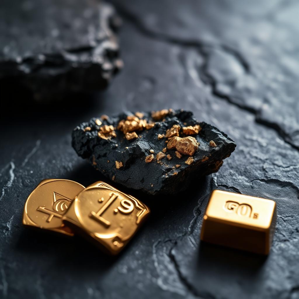 Raw dark mineral ore alongside refined gold-toned ingots on a slate surface