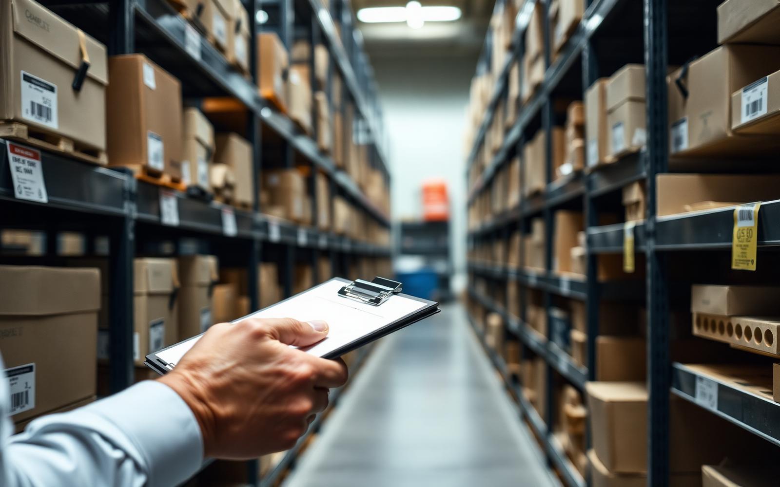 Practitioner with clipboard cataloguing inventory in a warehouse aisle
