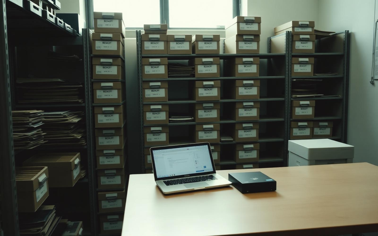 Organized records room with labeled banker boxes, a laptop, and external drive