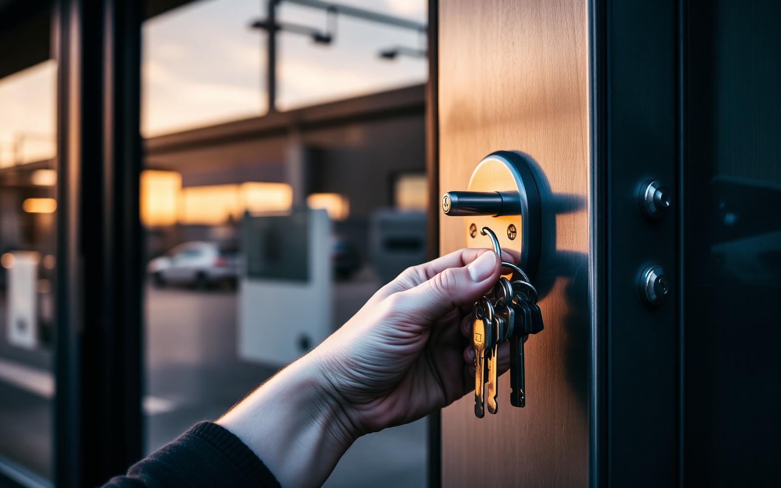 New lock and keys being installed on a commercial facility door at dawn
